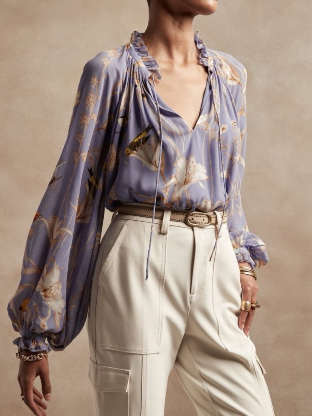 Banana Republic Lavender Floral & Bird Print Blouse